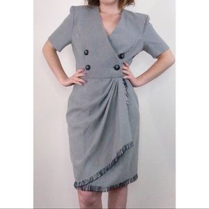 Vintage Grey Tweed Wrap Dress with Fringe